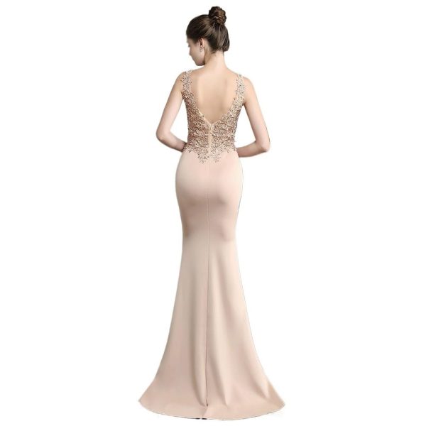 Sexy V-Neck Appliques Beading Prom Gown Long Simple Slim Fit Fishtail Skirt Nude Satin Dinner Dresses