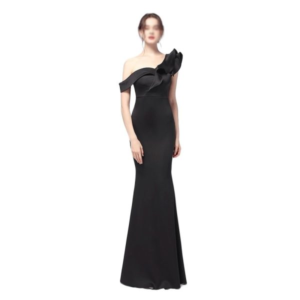 Classic Black Dinner Dresses Sexy Slash Neck One Shoulder Ruffles Evening Gowns Women Elegant Party Maxi Skirt