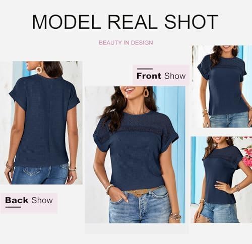 Women's Tops Casual Scoop Neck Short Sleeve Waffle Knit Hollow Out Shirts Loose Tunic Tops Blouses