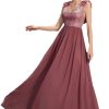 Women's Sexy V-Neck Evening Gown Chiffon Lace Dress Sleeveless Embroidery Formal Party Prom Long