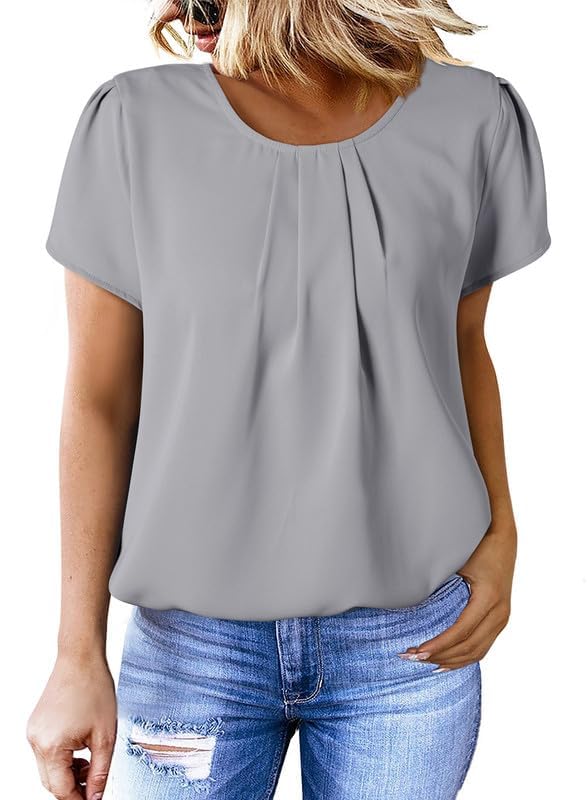Women's Casual Round Neck Basic Pleated Tops Short Sleeve Loose Fit Curved Keyhole Back Chiffon Blouses Tshirts