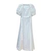 Women's Bandage Waist Maxi Dress - Puff Sleeve Cotton Solid Color Spring Long Dress