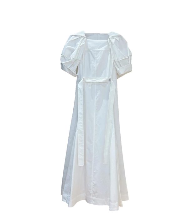 Women's Bandage Waist Maxi Dress - Puff Sleeve Cotton Solid Color Spring Long Dress