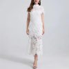 Women Sexy Hollow Out Lace Long Stand Collar Short Sleeve High Waist Elegant Dinner Dress