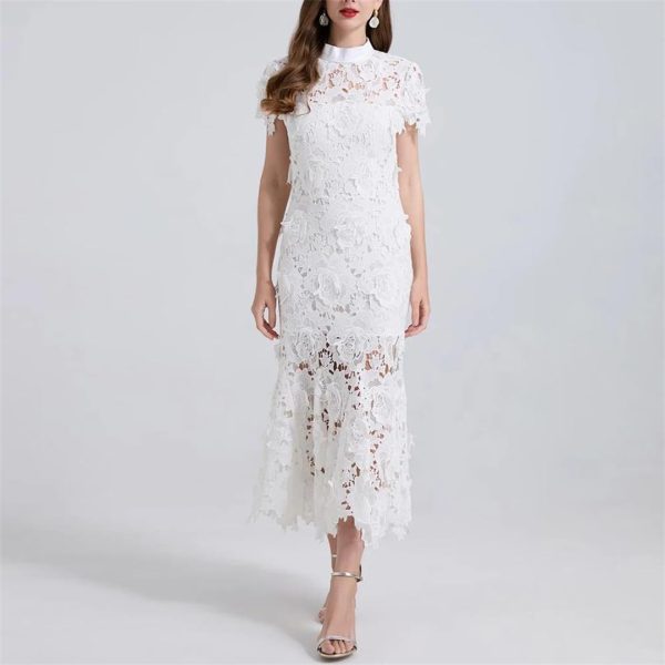 Women Sexy Hollow Out Lace Long Stand Collar Short Sleeve High Waist Elegant Dinner Dress