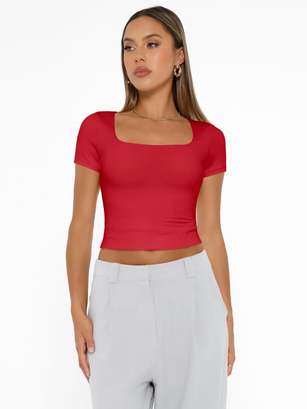 Womens Short Sleeve T Shirts Double Lined Square Neck Going Out Crop Tops Summer Cute Clothes Basics Tees