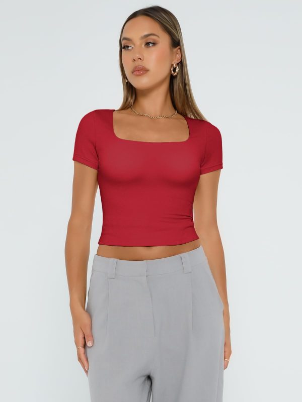 Womens Short Sleeve T Shirts Double Lined Square Neck Going Out Crop Tops Summer Cute Clothes Basics Tees