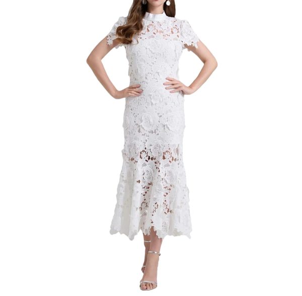 Women Sexy Hollow Out Lace Long Stand Collar Short Sleeve High Waist Elegant Dinner Dress