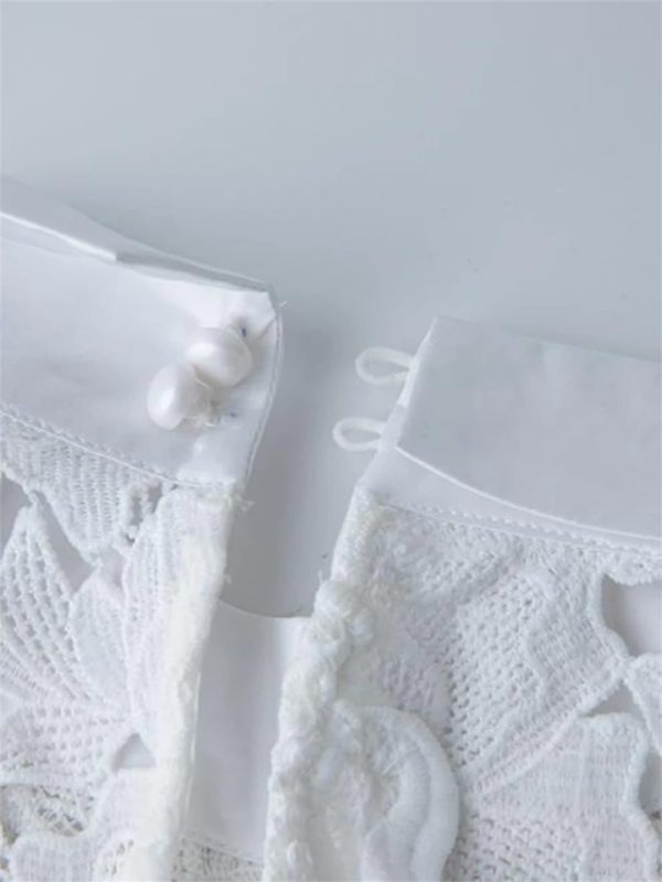 Women Sexy Hollow Out Lace Long Stand Collar Short Sleeve High Waist Elegant Dinner Dress