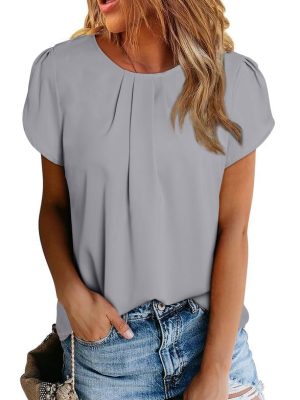 Women's Casual Round Neck Basic Pleated Tops Short Sleeve Loose Fit Curved Keyhole Back Chiffon Blouses Tshirts