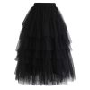Women's Nude Pink/Black Tiered Layered Mesh Ballet Prom Party Tulle Tutu A-line Midi Skirt