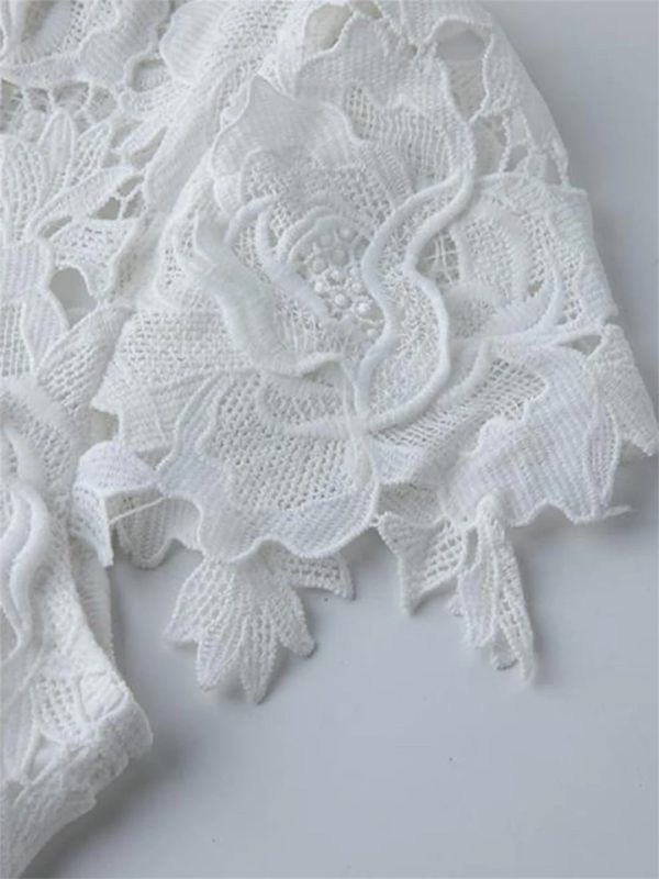 Women Sexy Hollow Out Lace Long Stand Collar Short Sleeve High Waist Elegant Dinner Dress