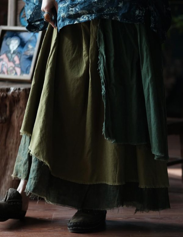 Women's Casual Elastic Waist Linen Patchwork A-Line Frayed Raw Hem Hippie Long Irregular Linen Skirt