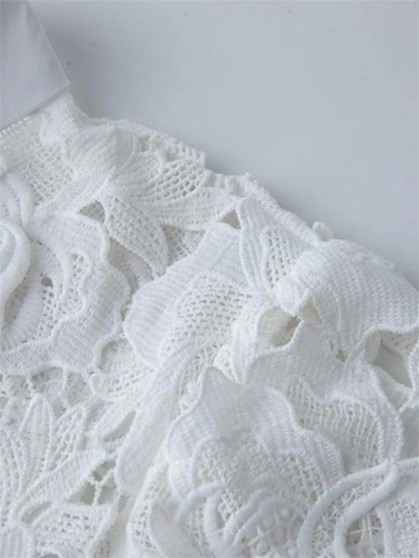 Women Sexy Hollow Out Lace Long Stand Collar Short Sleeve High Waist Elegant Dinner Dress