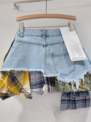 Women's Y2k High Waist Plaid Patchwork Asymmetrical Hem A Line Mini Denim Skirt