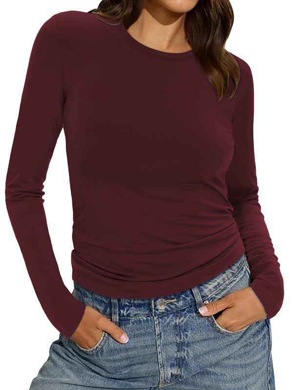 Womens Long Sleeve Shirts Basic Tees Y2k Slim Fit T Shirt Crew Neck Trendy Crop Top Casual