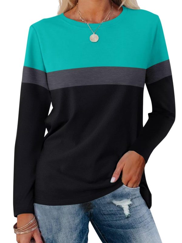 Women's Long Sleeve Color Block Tunics Tops Round Neck Shirts Casual Blouses