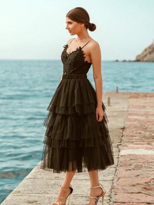 Women's Nude Pink/Black Tiered Layered Mesh Ballet Prom Party Tulle Tutu A-line Midi Skirt