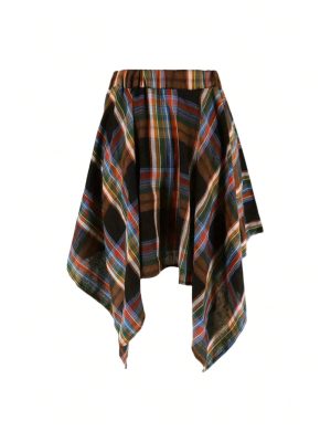 Women's Plaid Skirts Elastic High Waist Tie Front Asymmetrical Hem Pleated Mini Skirt