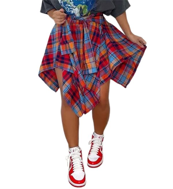 Women's Plaid Skirts High Waisted Knot Front Asymmetrical Hem Mini Skater Skirt