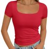 Womens Short Sleeve T Shirts Double Lined Square Neck Going Out Crop Tops Summer Cute Clothes Basics Tees