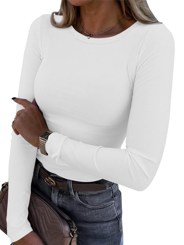 Womens Long Sleeve Crewneck Ribbed Tops Fitted Stretch Casual Basic T Shirts 2025