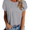 Women's Casual Round Neck Basic Pleated Tops Short Sleeve Loose Fit Curved Keyhole Back Chiffon Blouses Tshirts