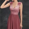 Women's Sexy V-Neck Evening Gown Chiffon Lace Dress Sleeveless Embroidery Formal Party Prom Long