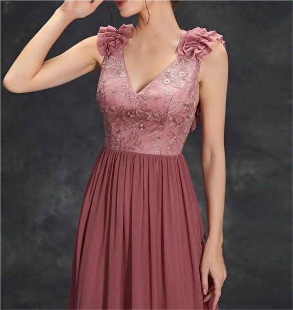 Women's Sexy V-Neck Evening Gown Chiffon Lace Dress Sleeveless Embroidery Formal Party Prom Long