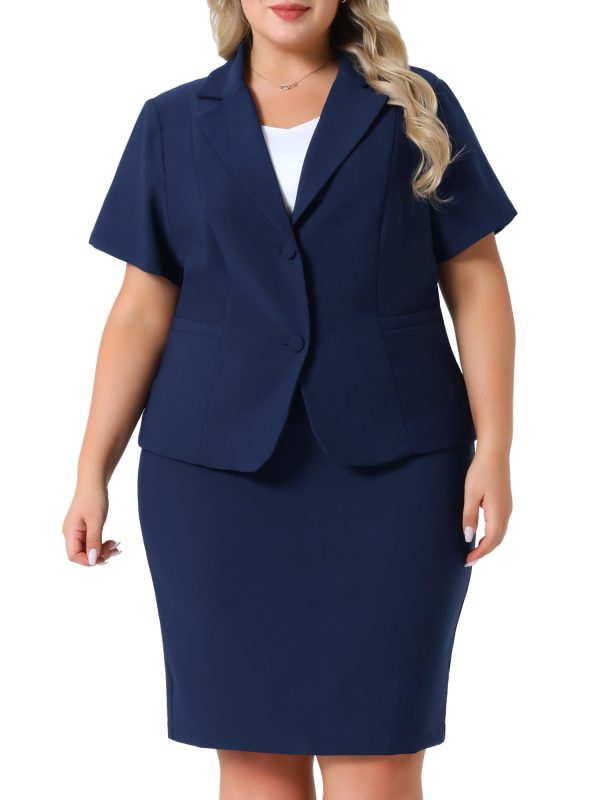 Plus Size Women Blazer Suits Notch Lapel Short Sleeve Office Pencil Skirt Business Skirt Set