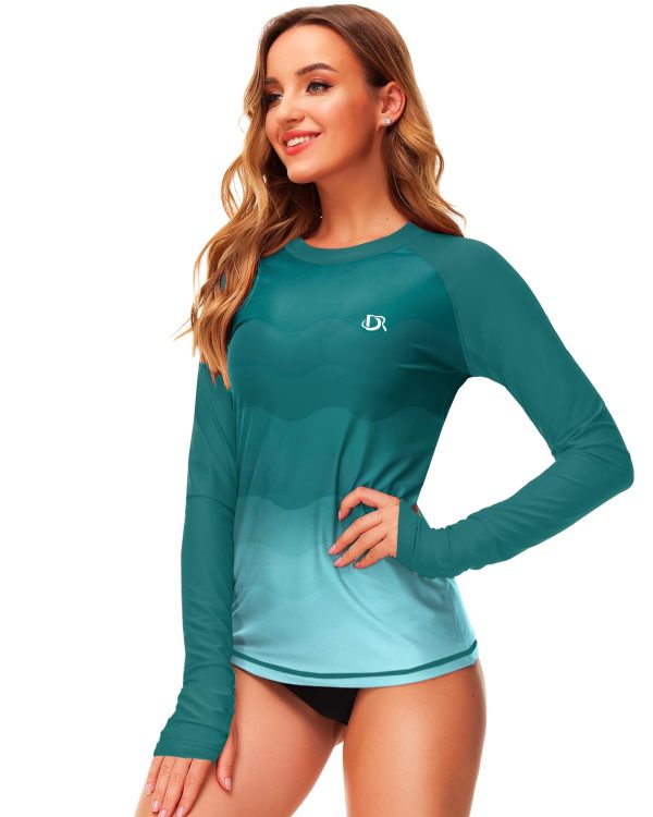 Womens Gradient Rash Guard UPF 50+ Swim Shirts Surfing Top with Thumb Hole