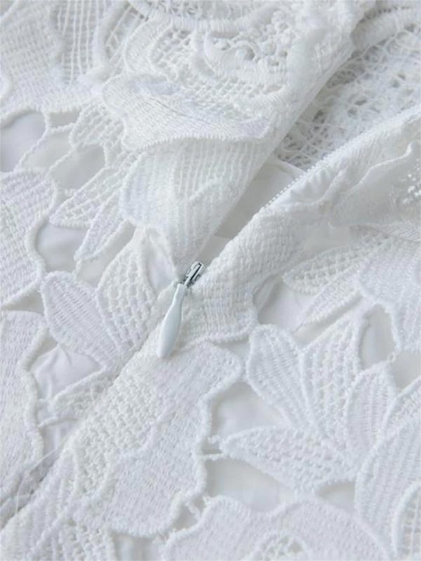 Women Sexy Hollow Out Lace Long Stand Collar Short Sleeve High Waist Elegant Dinner Dress