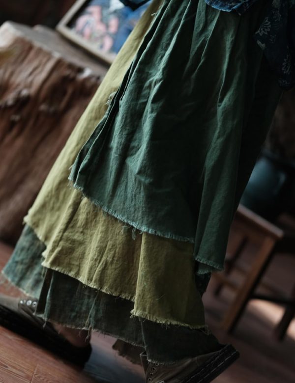 Women's Casual Elastic Waist Linen Patchwork A-Line Frayed Raw Hem Hippie Long Irregular Linen Skirt