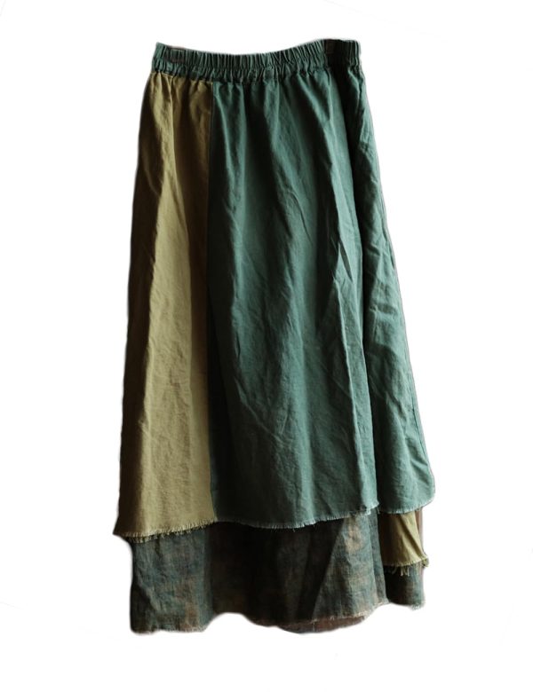 Women's Casual Elastic Waist Linen Patchwork A-Line Frayed Raw Hem Hippie Long Irregular Linen Skirt