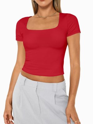 Womens Short Sleeve T Shirts Double Lined Square Neck Going Out Crop Tops Summer Cute Clothes Basics Tees