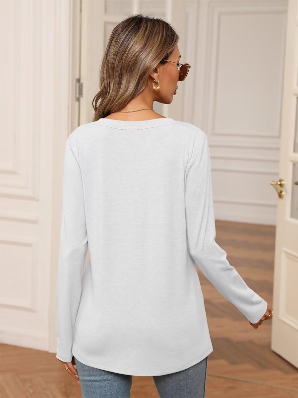 Womens V Neck Long Sleeve Shirts Casual Curved Hem Tunic Tops Basic Loose Fit T Shirts Tees 2025
