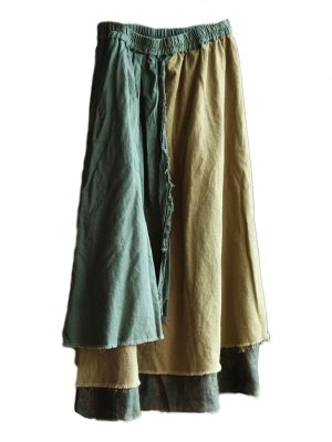 Women's Casual Elastic Waist Linen Patchwork A-Line Frayed Raw Hem Hippie Long Irregular Linen Skirt