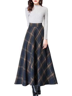 Women's Vintage High Waist Wool Blend Plaid A-Line Long Maxi Skirt with Pocket