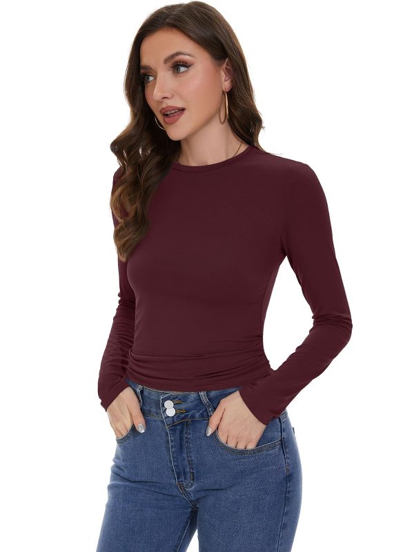 Womens Long Sleeve Shirts Basic Tees Y2k Slim Fit T Shirt Crew Neck Trendy Crop Top Casual