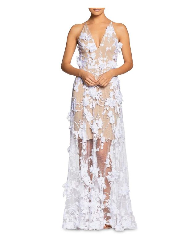 Women's Embellished Plunging Gown Sleeveless Floral Long Dress