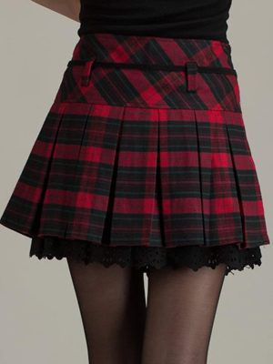 Women's A-Line Plaid Wool Blend Pleated Skirt Side Zipper
