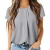 Women's Casual Round Neck Basic Pleated Tops Short Sleeve Loose Fit Curved Keyhole Back Chiffon Blouses Tshirts