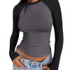 Women's Long Sleeve Shirts Slim Fit Stretchy Color Block Slightly Cropped Tops