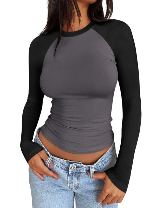 Women's Long Sleeve Shirts Slim Fit Stretchy Color Block Slightly Cropped Tops