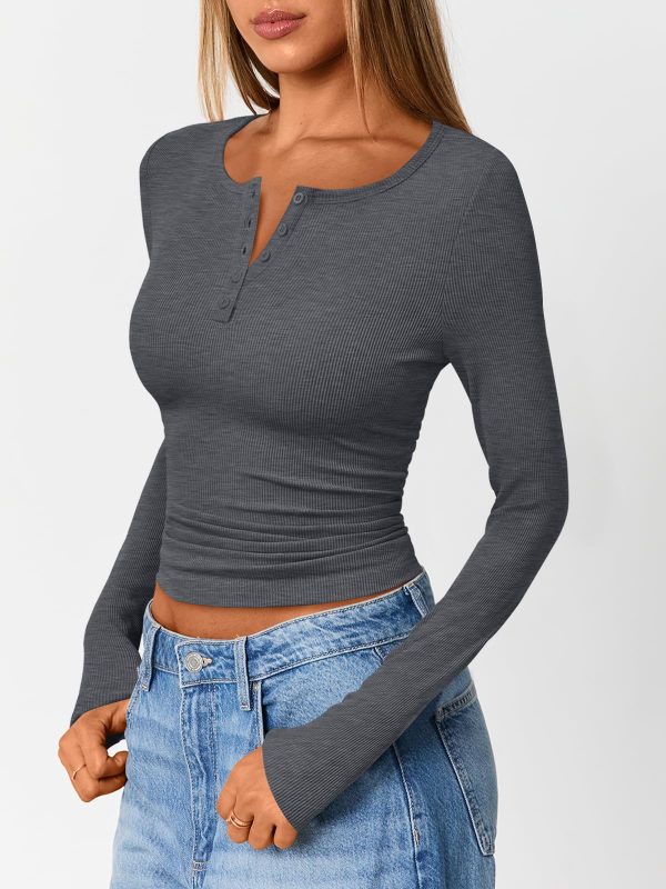 Womens Long Sleeve Shirts 2025 Henley Casual Fall Outfits Fitted Cotton Tops Ribbed Fashion Cute Basic Tees