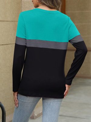 Women's Long Sleeve Color Block Tunics Tops Round Neck Shirts Casual Blouses