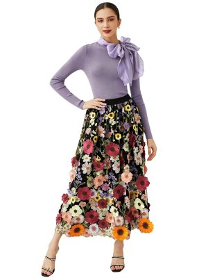 Women 3D Floral Applique Embroidery Maxi Skirt Elastic High Waist A-Line Garden Party Mesh Tulle Skirt