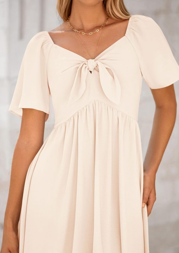 2025 Summer Dress for Women Casual Short Sleeve Bow Tie V Neck Ruffle Midi Flowy Dresses