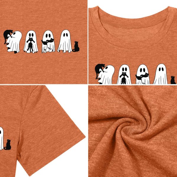 Halloween Ghost Cat Shirts for Women Cat Lovers T-Shirt Gifts Retro Fall Spooky Season Tees Tops