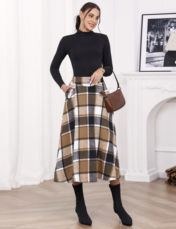 Women’s Fall Winter High Waisted Wool Plaid A-line Long Skirt